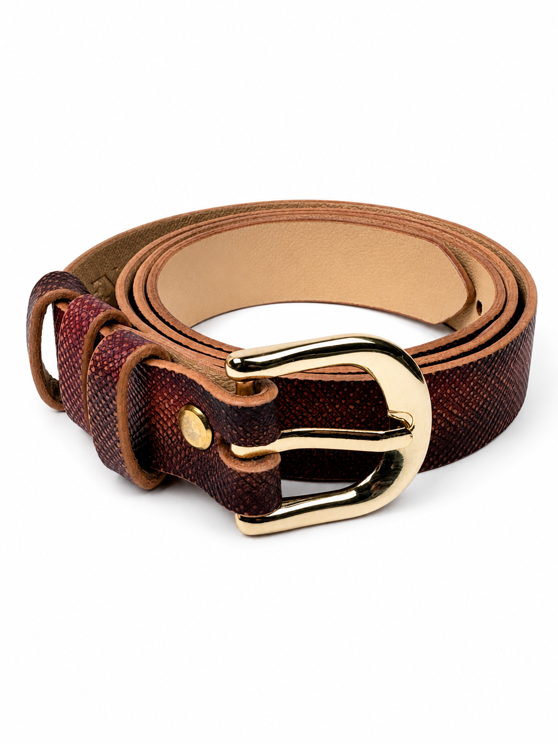 Women's Chestnut Leather Belt — Three-colour finish · Goat leather lining