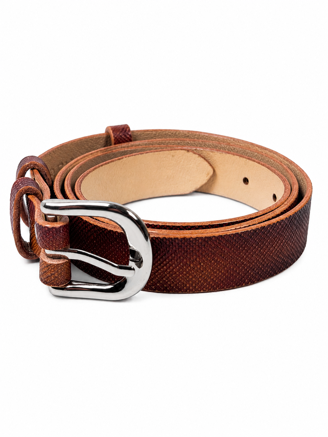 Women's Chestnut Leather Belt — Three-colour finish · French goat leather lining